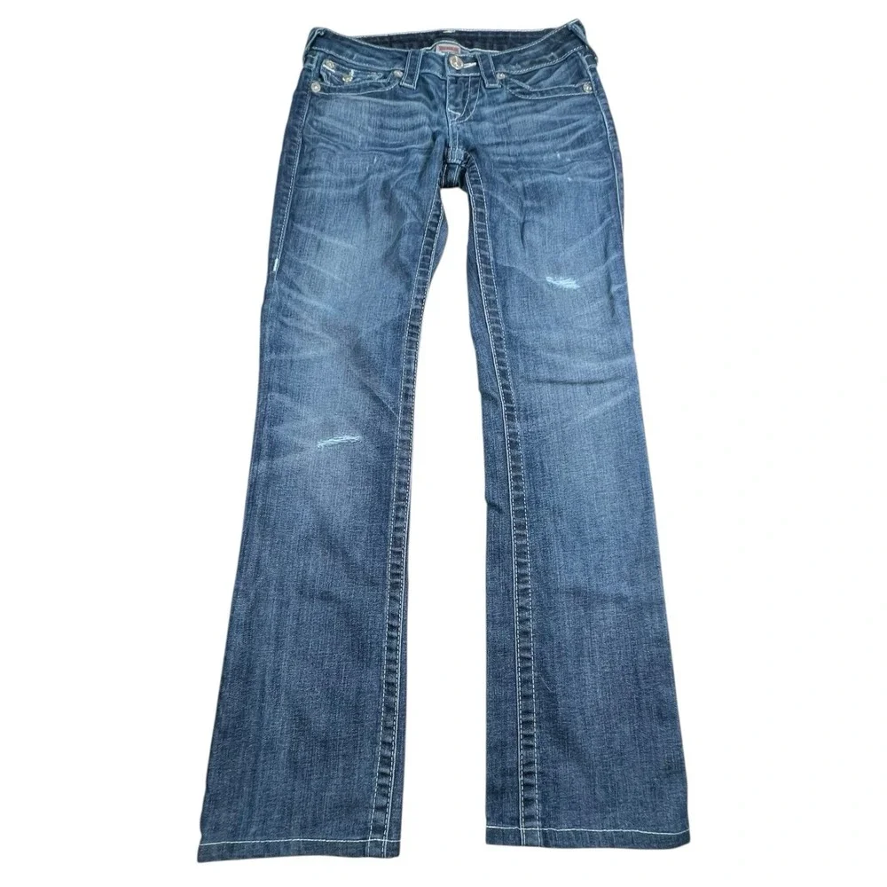 True Religion Women 25 Straight Distressed Medium Wash Low Rise Jean Flap Pocket